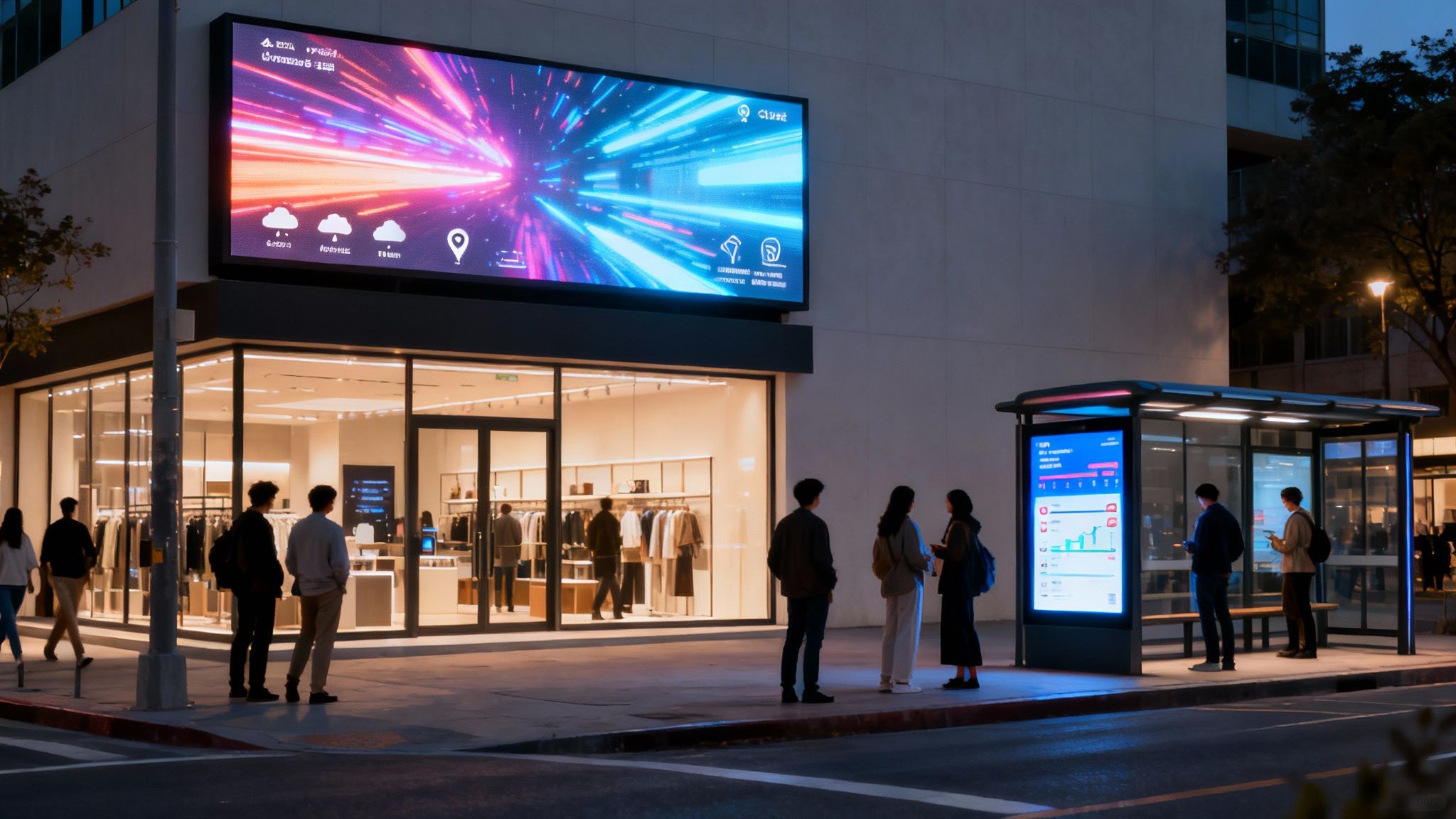 Glowing digital billboards over a city street at night, a reminder that AI generated advertising now lights up whole blocks