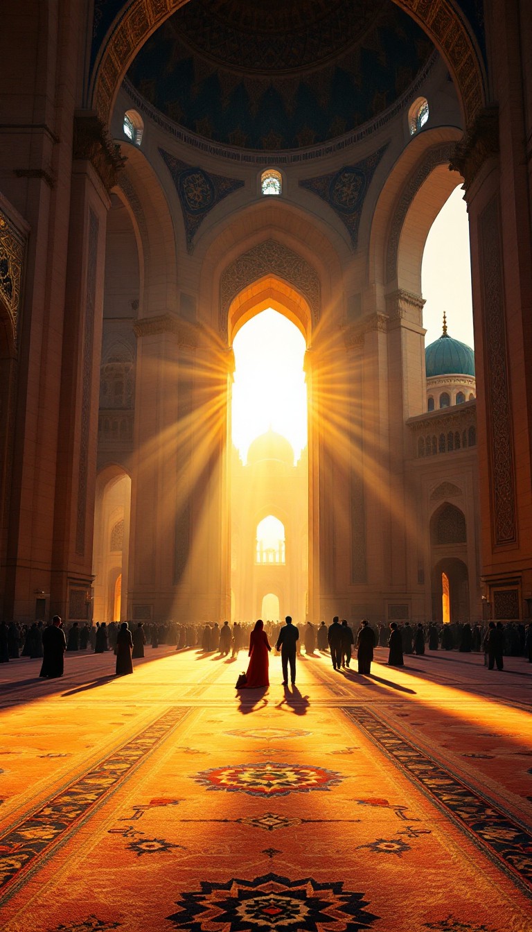 Arabic arches and mashrabiya lattice in warm golden light