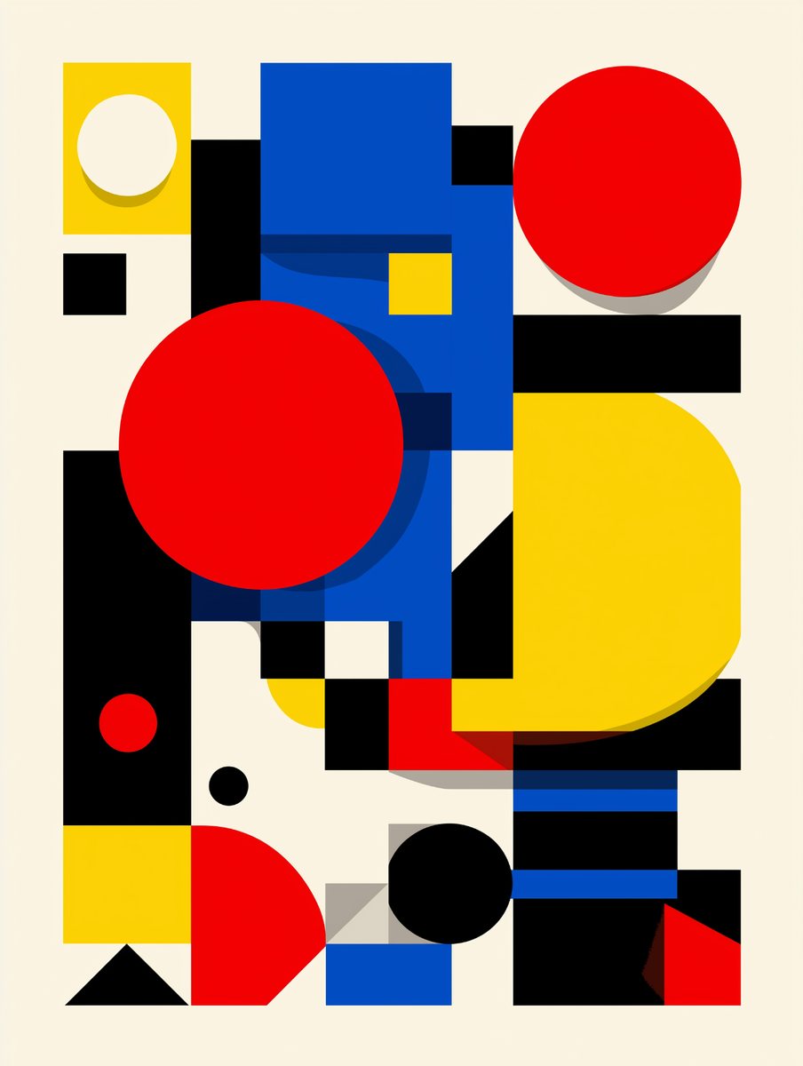 Bold geometric composition of red circles, blue rectangles and yellow shapes on cream