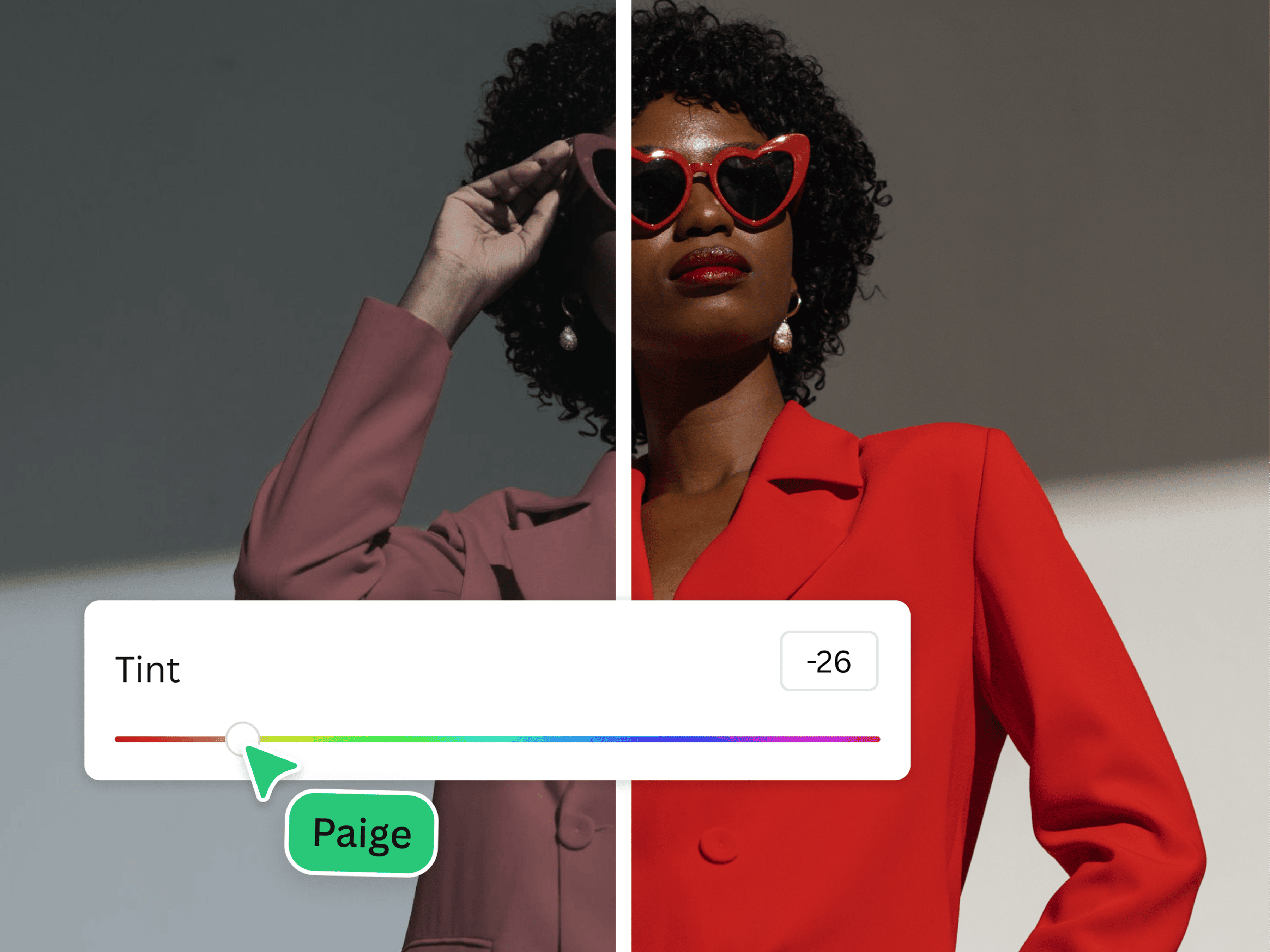 An editing tool adjusting a fashion portrait with a tint slider, the kind of synthetic polish AI UGC creators are built from