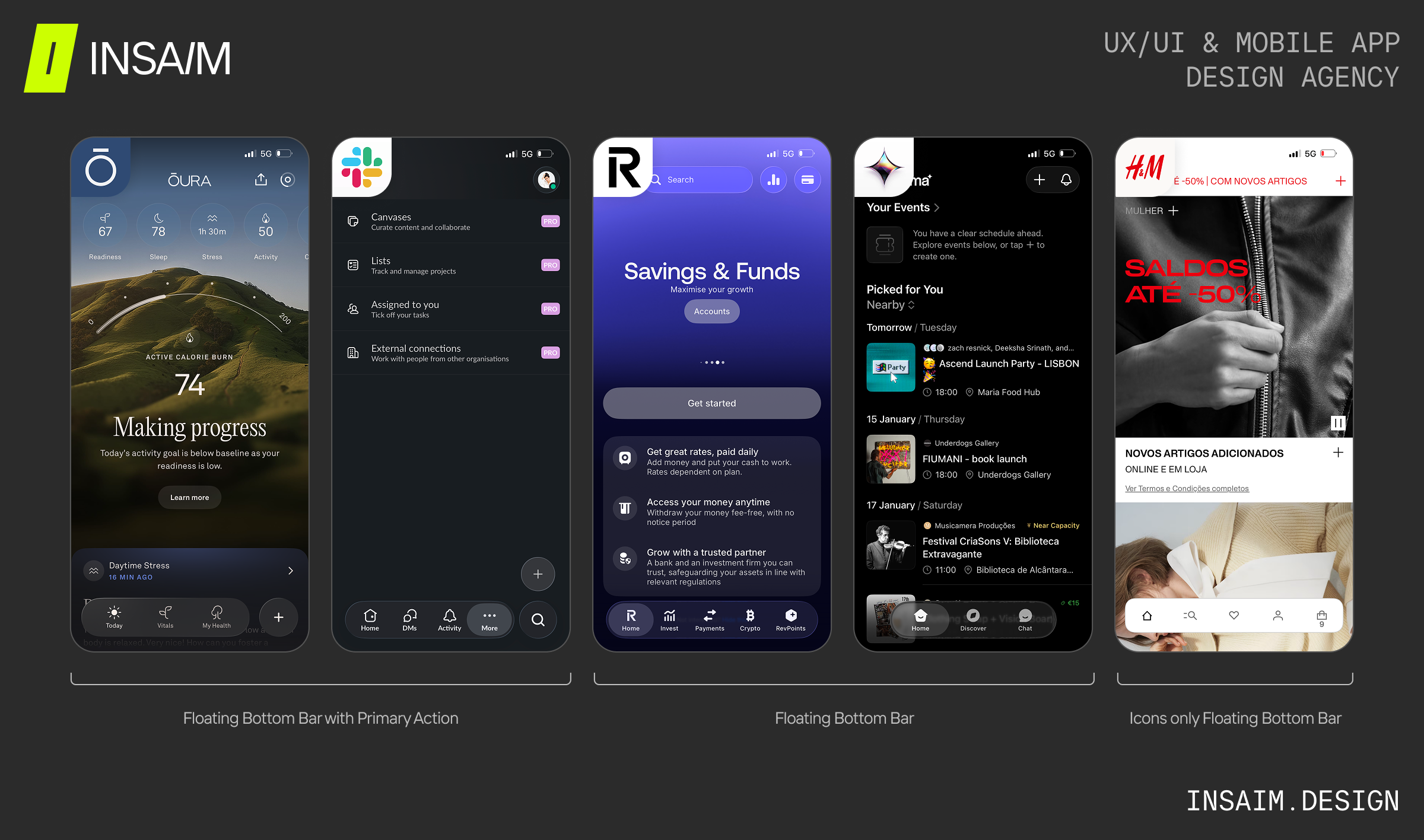 Mobile app screens showing floating bottom navigation bars with icons
