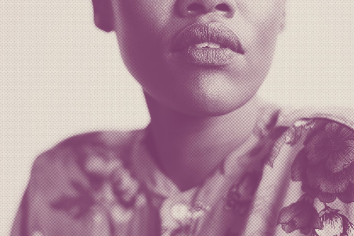A portrait rendered as a purple and cream duotone with halftone texture