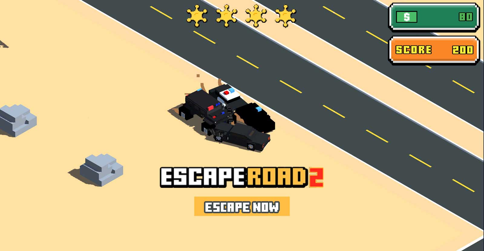 Pixelated game screen showing crashed police cars and a score display