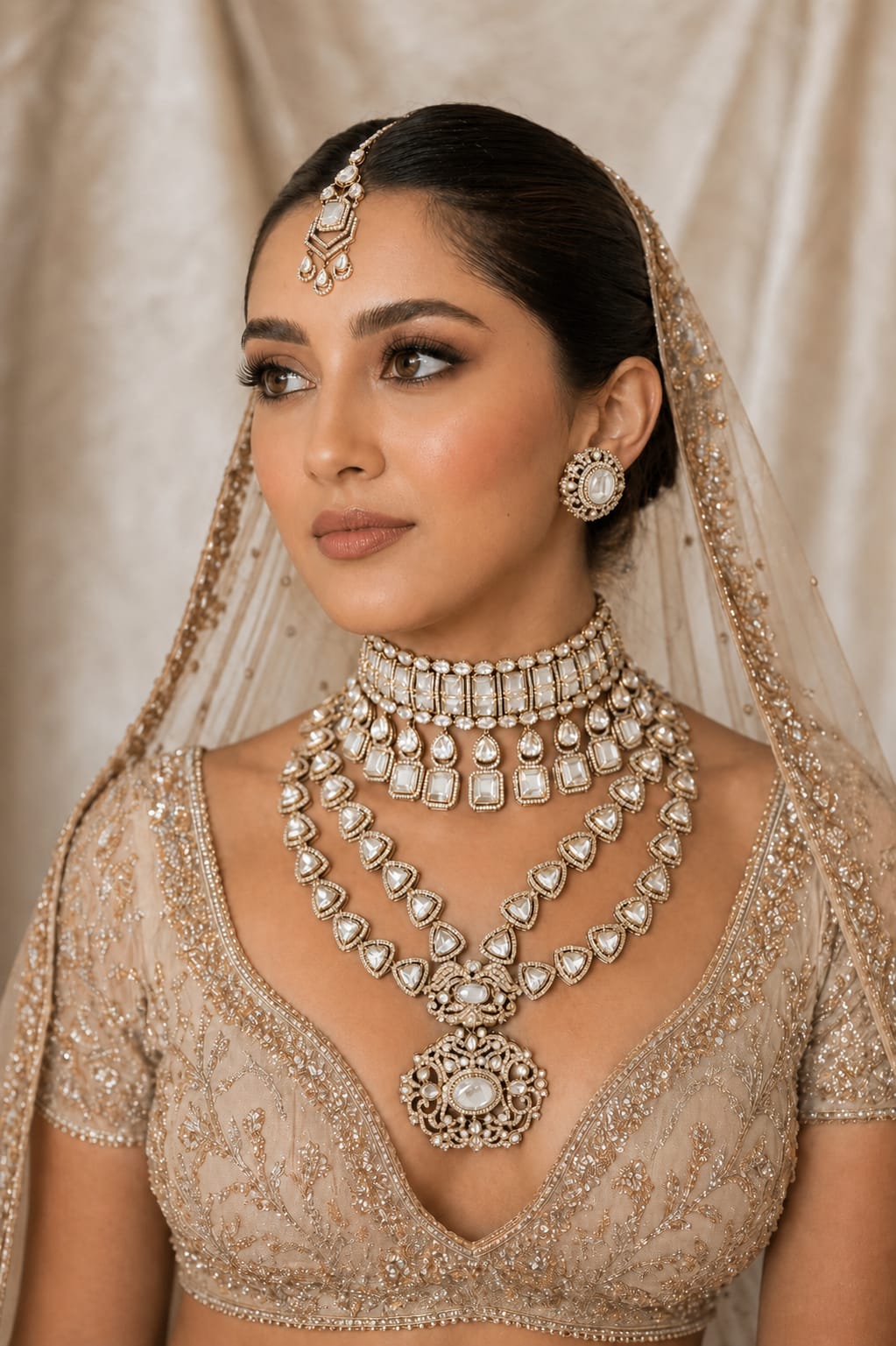 Elegant Indian bride in gold lehenga wearing layered kundan jewellery and maang tikka