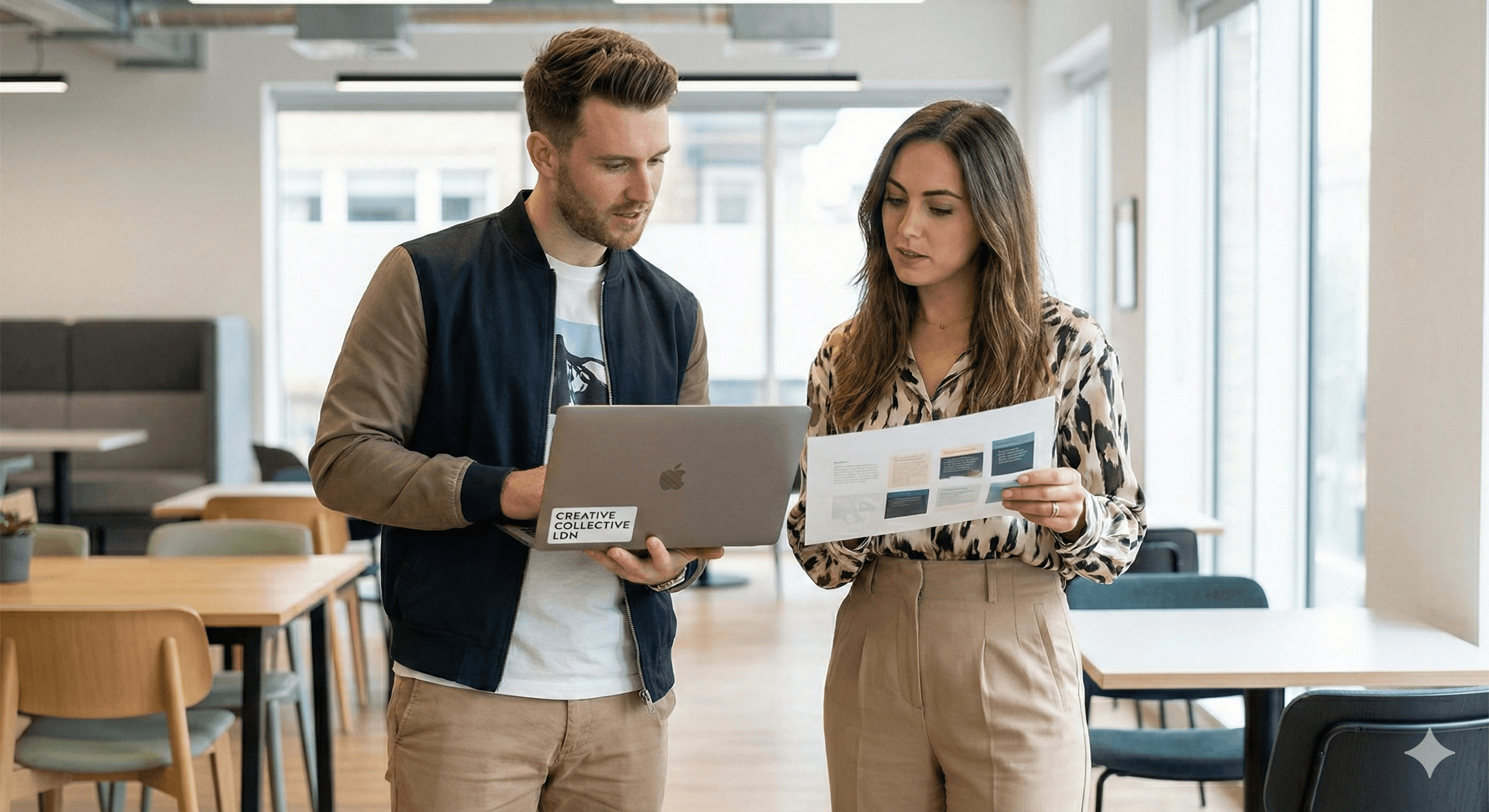 Two marketers reviewing a campaign on a laptop together, the judgment layer at the center of any AI advertising playbook