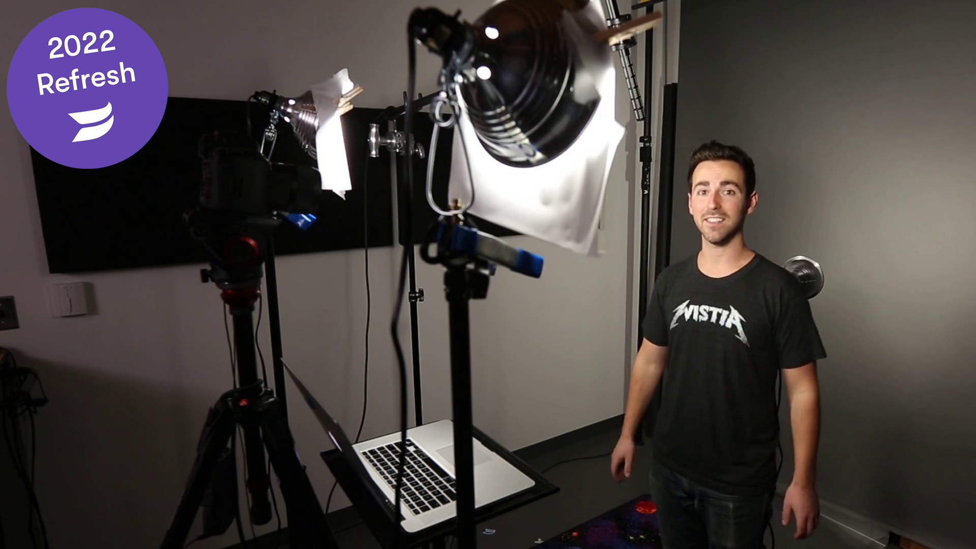 A bright studio workspace with cameras and screens, the craft layer that keeps AI ad creative honest