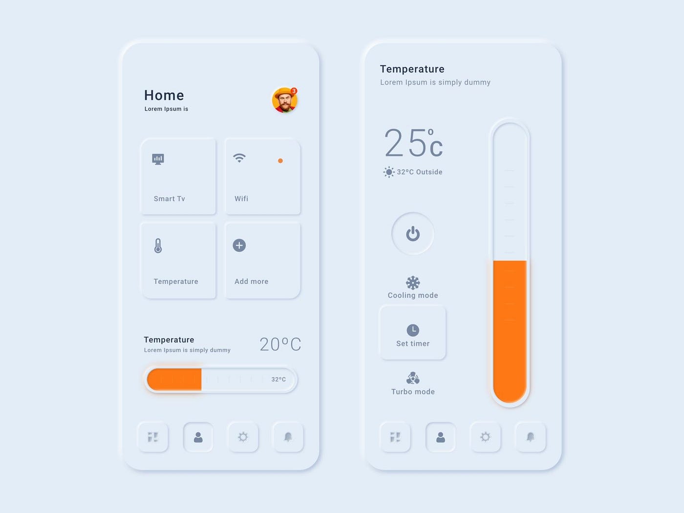 Neumorphic smart home app with soft extruded controls matching the background color
