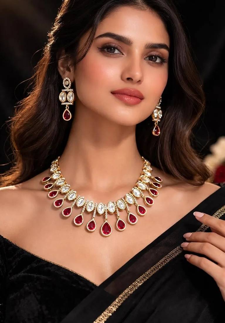 Woman in black saree wearing gold necklace
