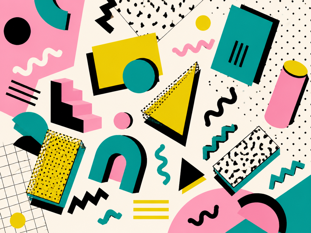 Memphis style pattern with squiggles, zigzags, dots and bright flat shapes