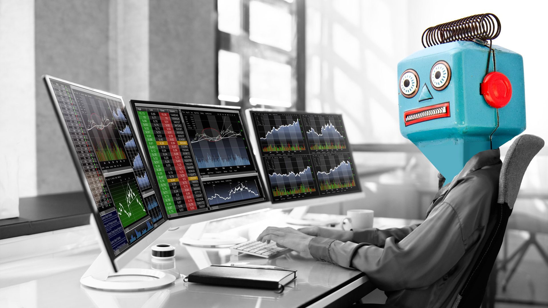 A toy robot watching trading screens, a reminder that AI stock prediction tools only know what they were taught