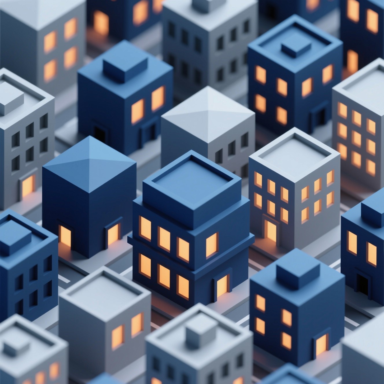 Isometric 3d city of blue and white buildings with glowing windows