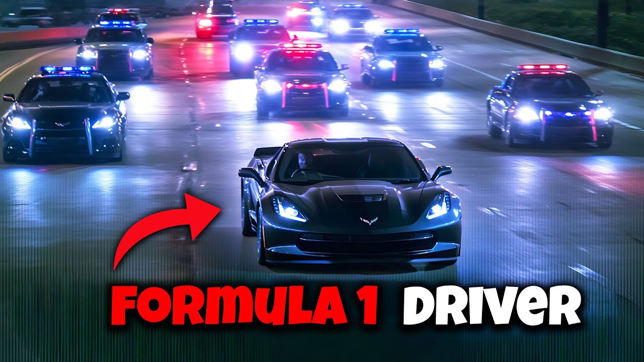 Black sports car chased by police cars at night with flashing lights