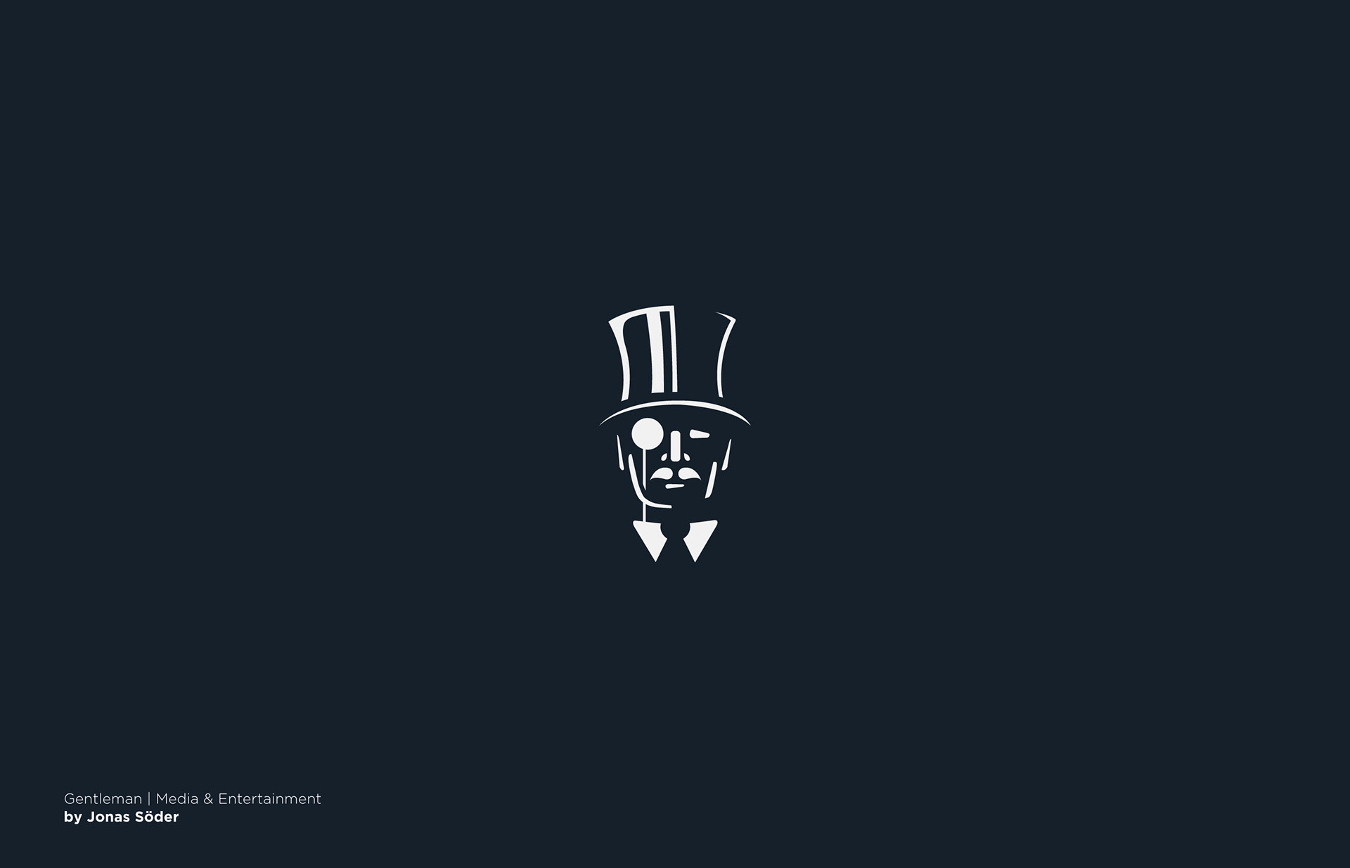 Negative space logo of a gentleman in a top hat formed by a white silhouette on navy