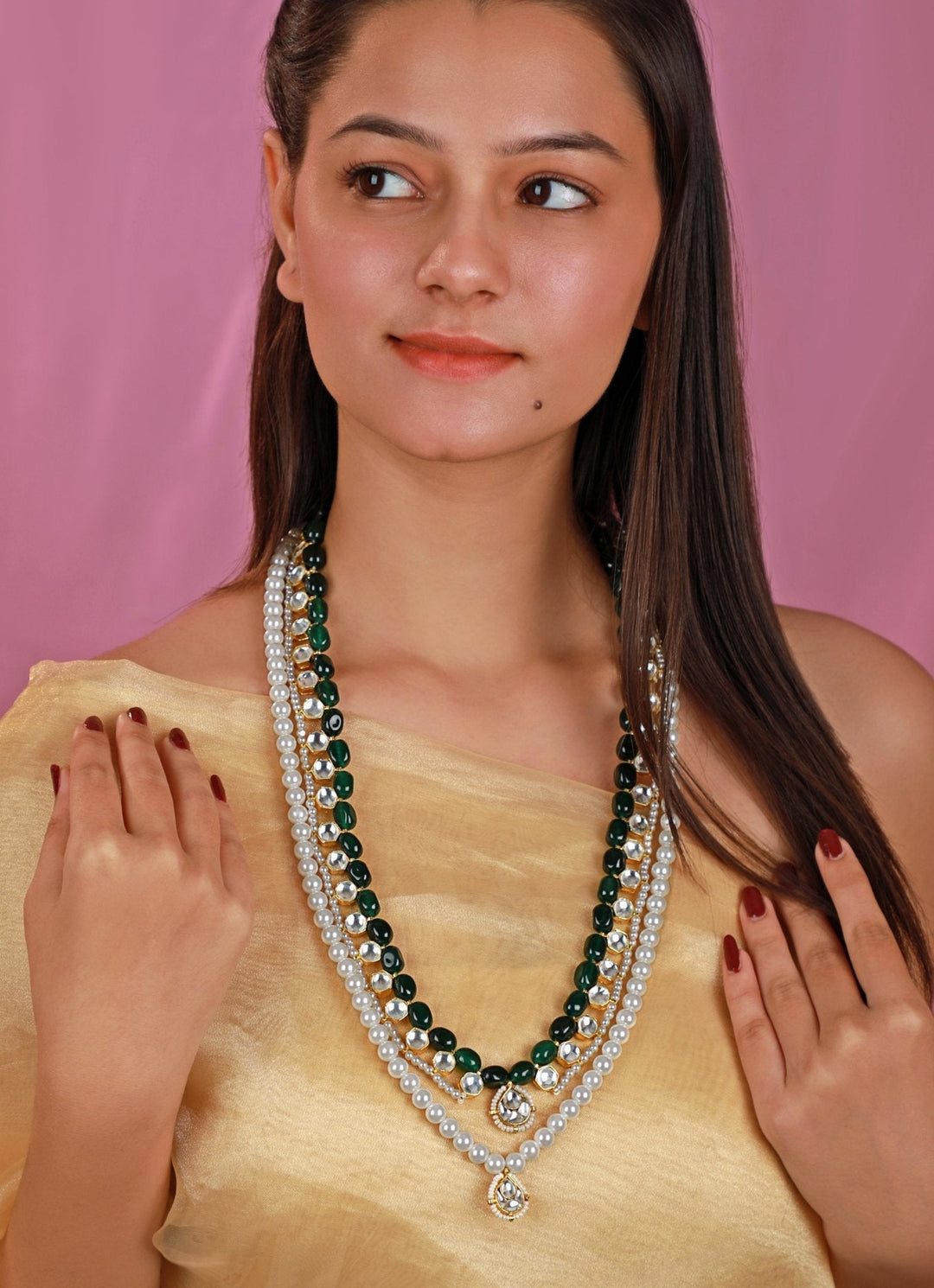 Layered green stone and pearl necklace