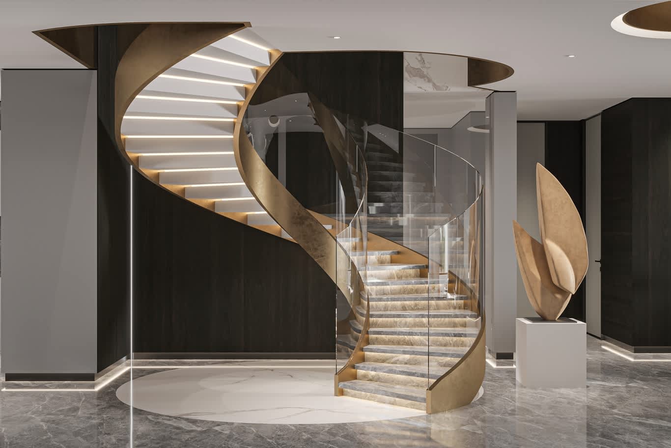 Sculptural spiral staircase with brass railings