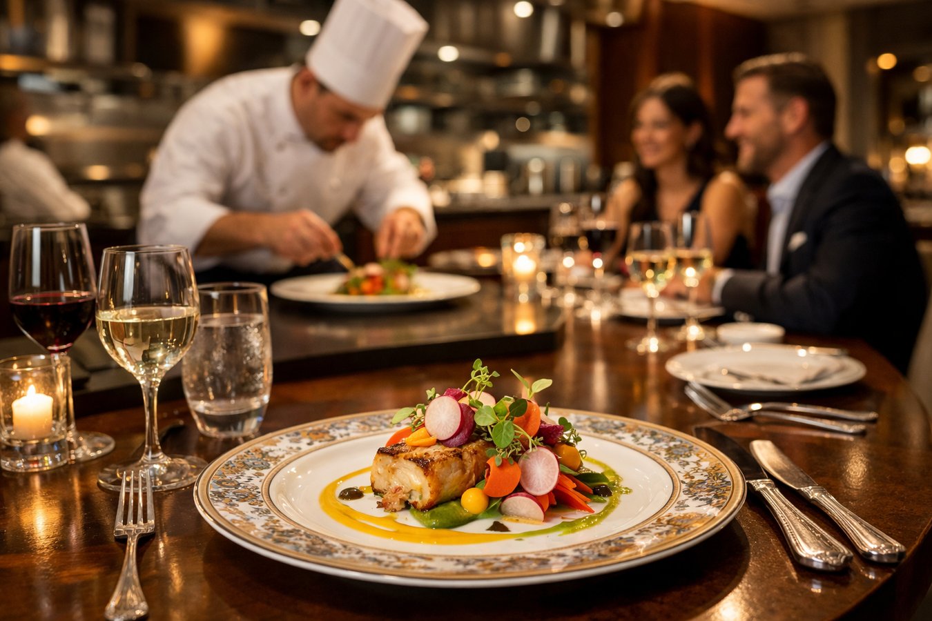 Chef plating a dish in the dining room of The Aurelian