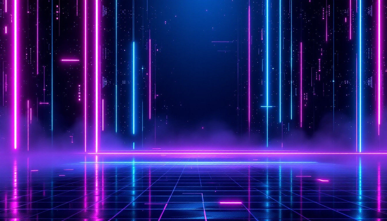 A retro synthwave scene with glowing magenta and blue neon columns over a reflective grid