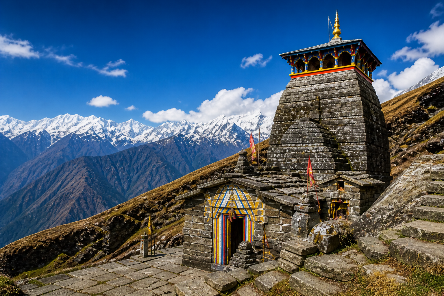 Tungnath temple trail above Chopta with Himalayan peaks, Uttarakhand
