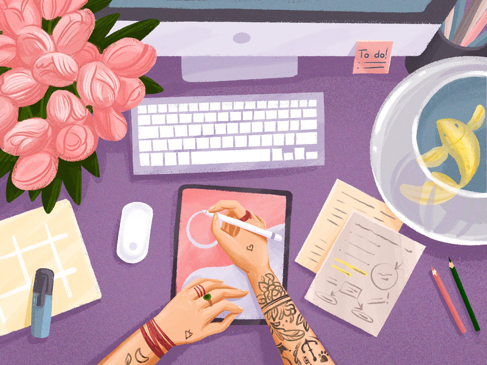 Flat digital illustration of a designer working at a desk with plants and screens