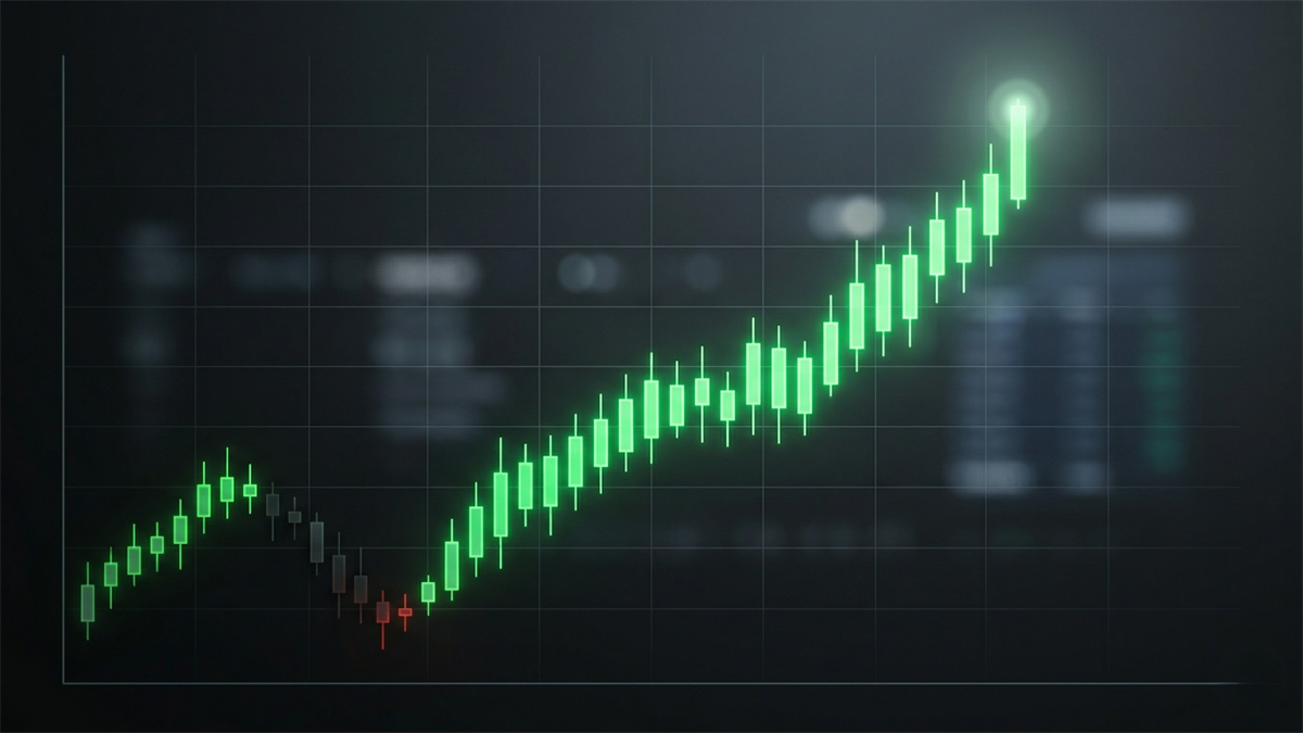 A green candlestick chart trending upward on a screen, the setup every tool that claims to predict stock trends hopes to catch early