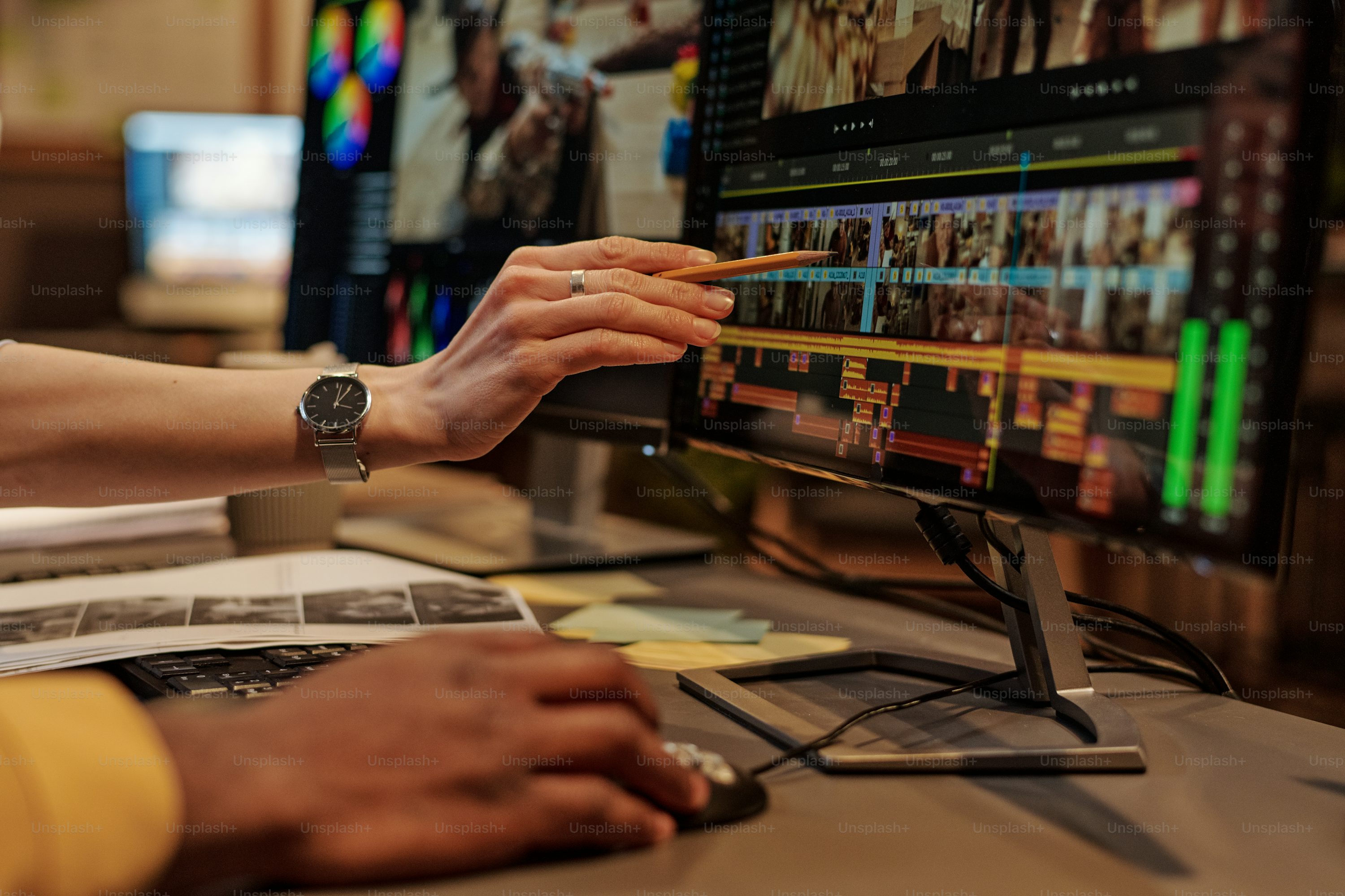 A video editing timeline glowing in a dark studio, where AI-generated shots get shaped into a commercial