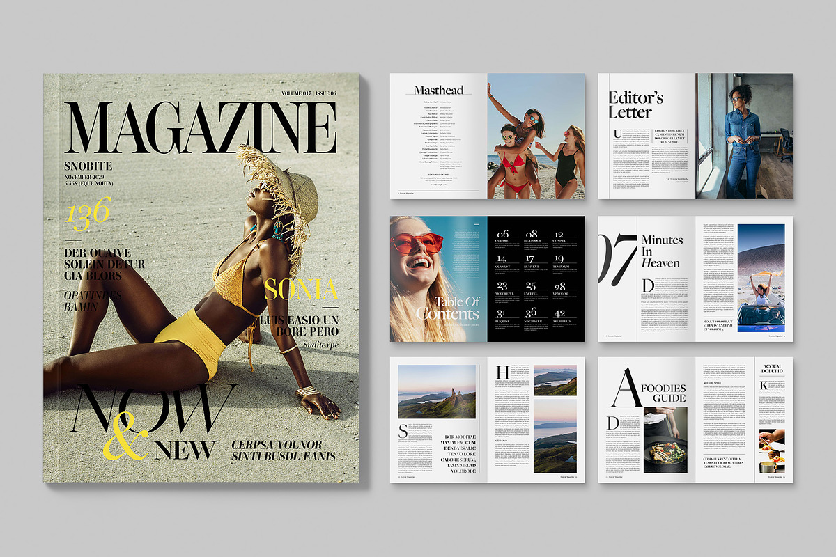 Editorial magazine spread layouts pairing photography with structured typography