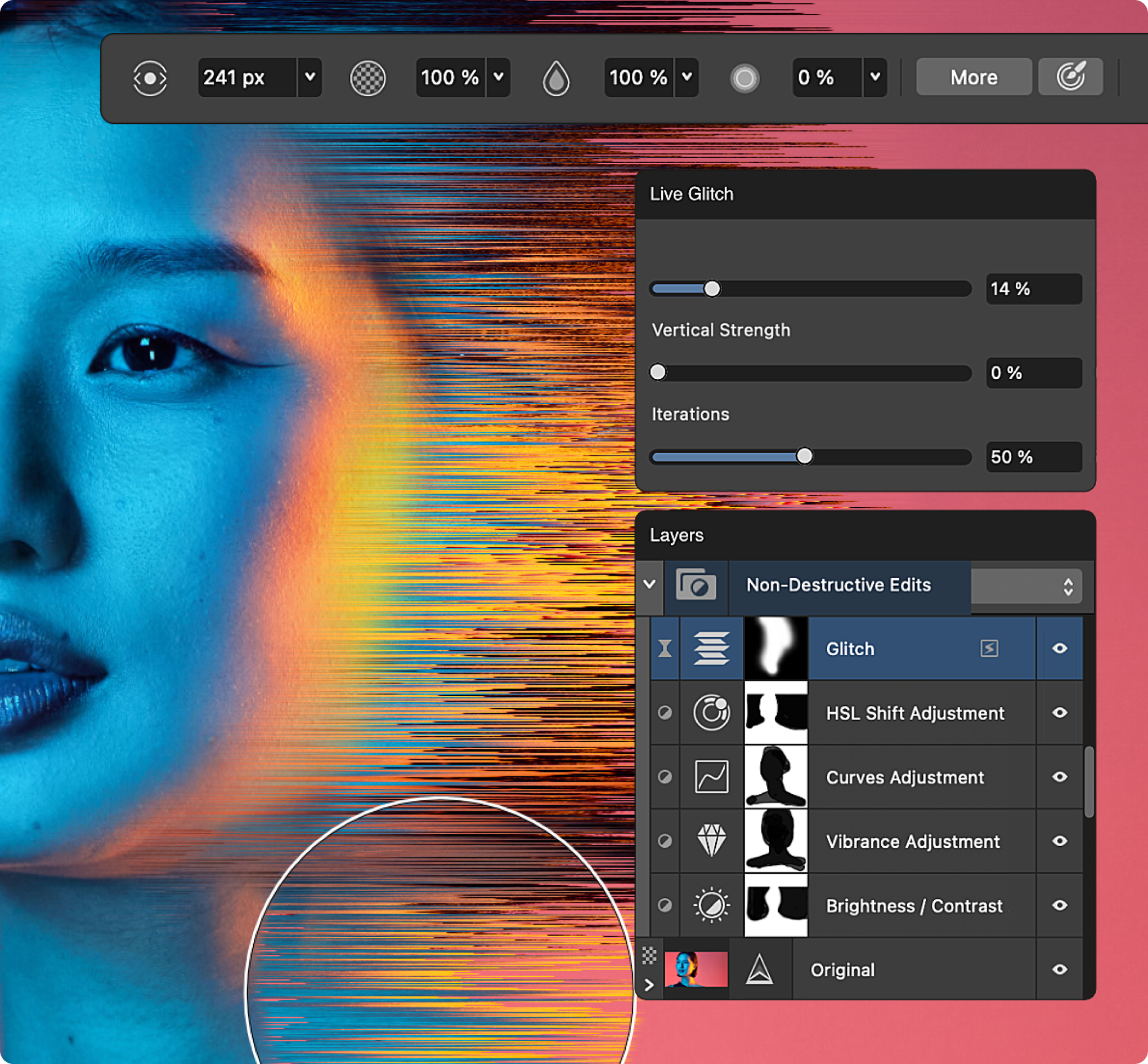 Professional photo editing software interface with adjustment panels over a portrait photograph