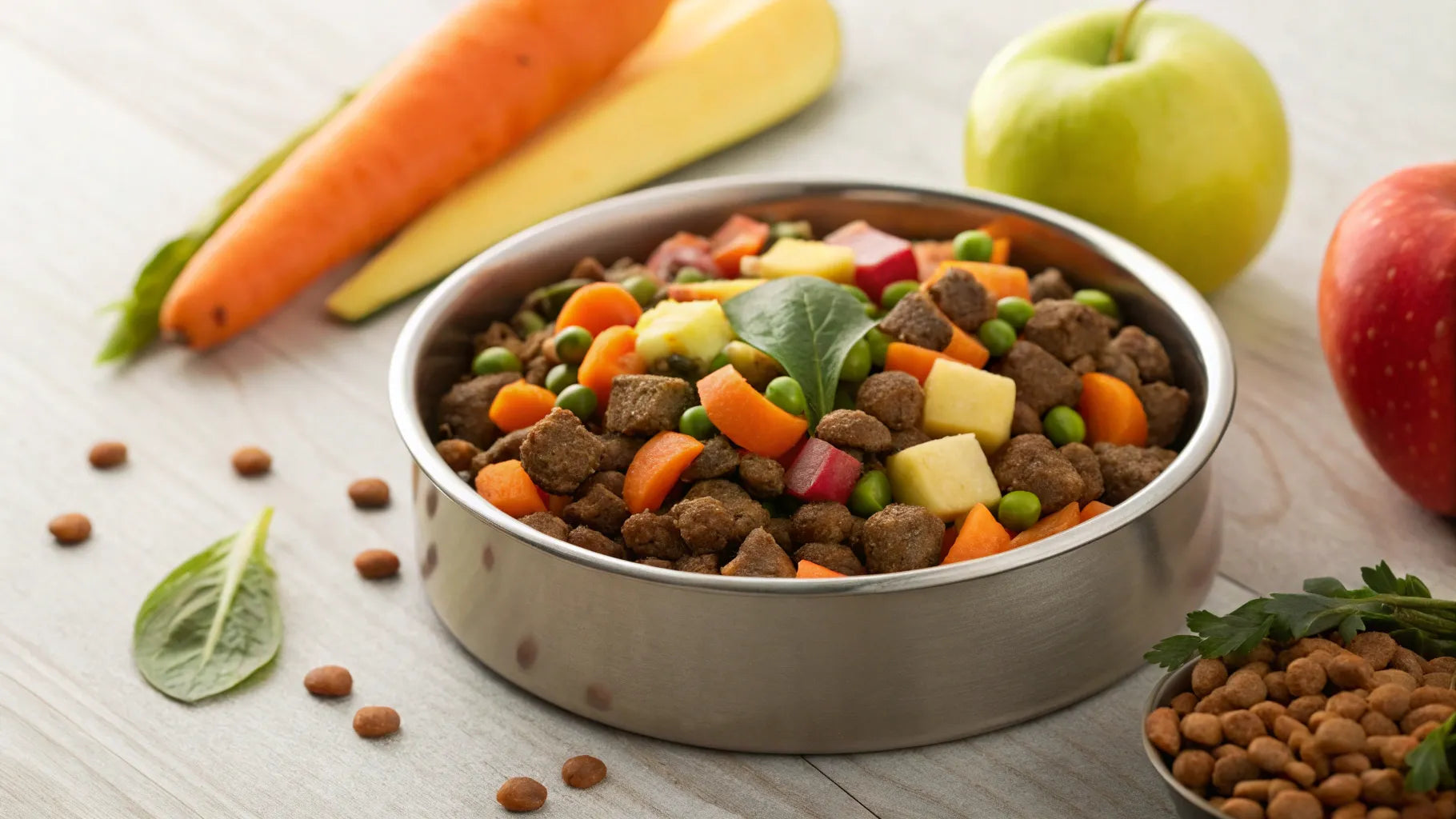 Dog food donation bowl with kibble and vegetables
