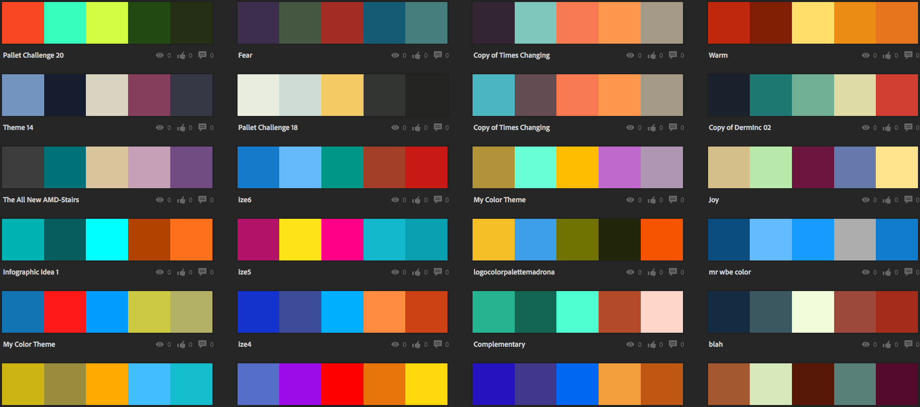 A grid of curated color palettes