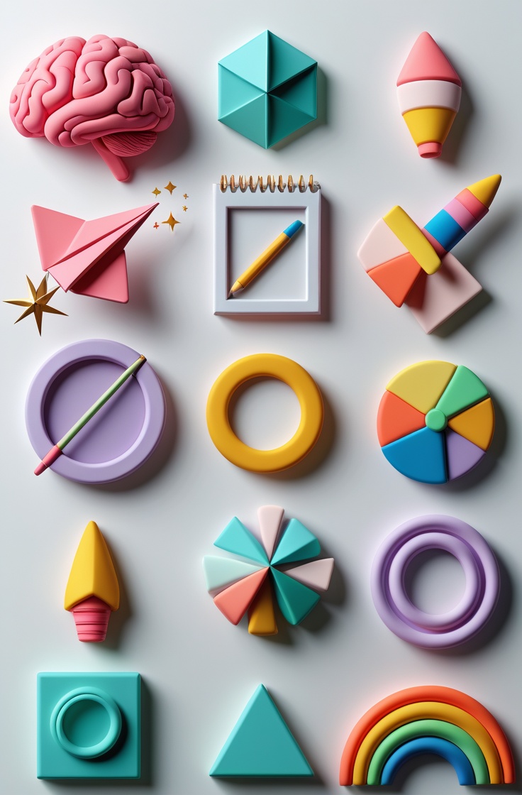 Grid of colorful 3d clay objects - brain, paper plane, rocket, pencil and shapes