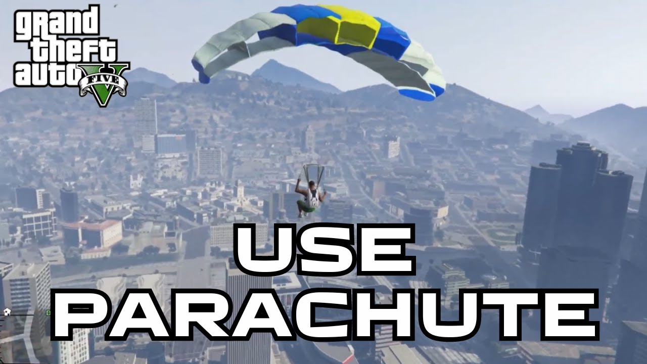 Video game character parachuting over a city skyline