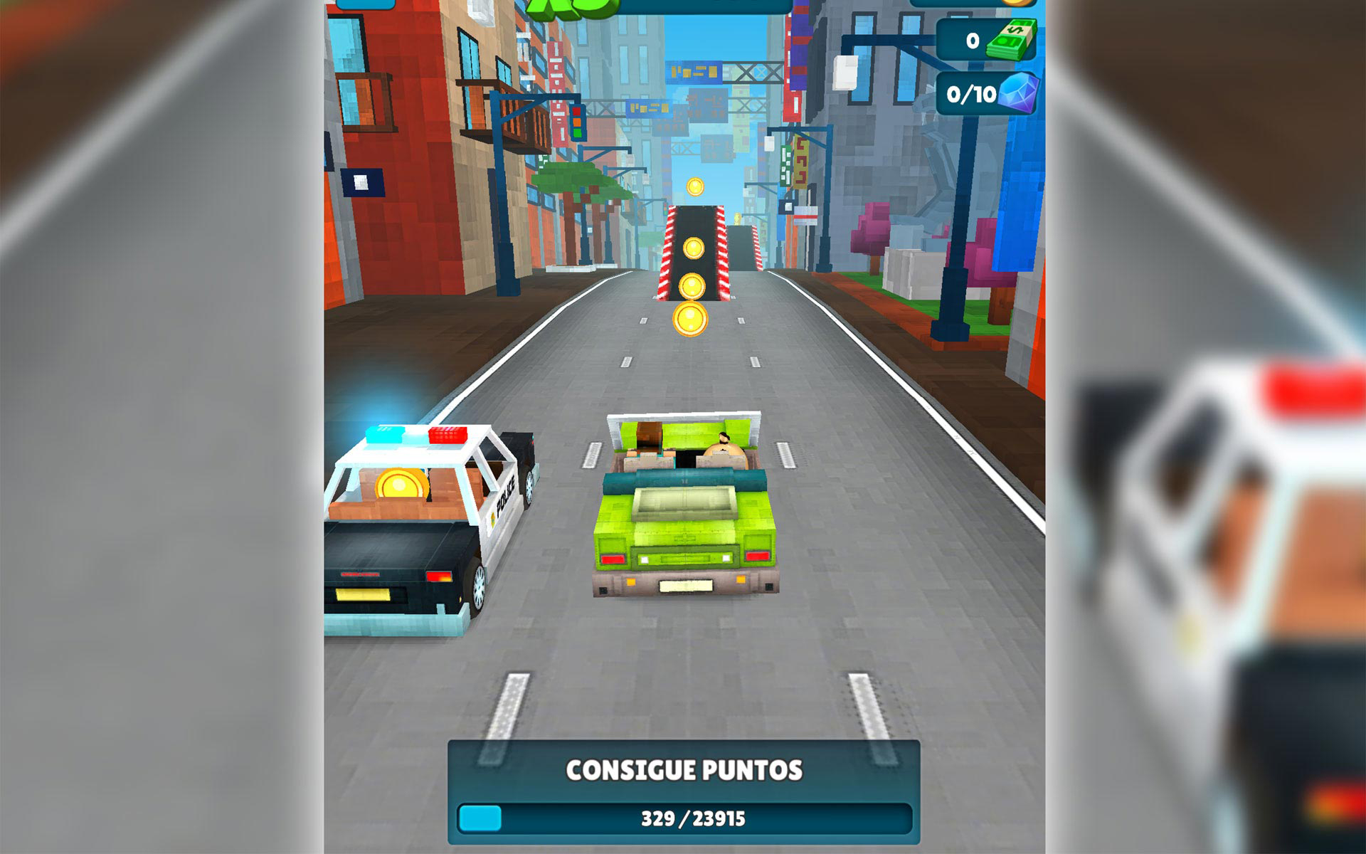 Blocky 3D racing game showing a green car and a police car on a city street