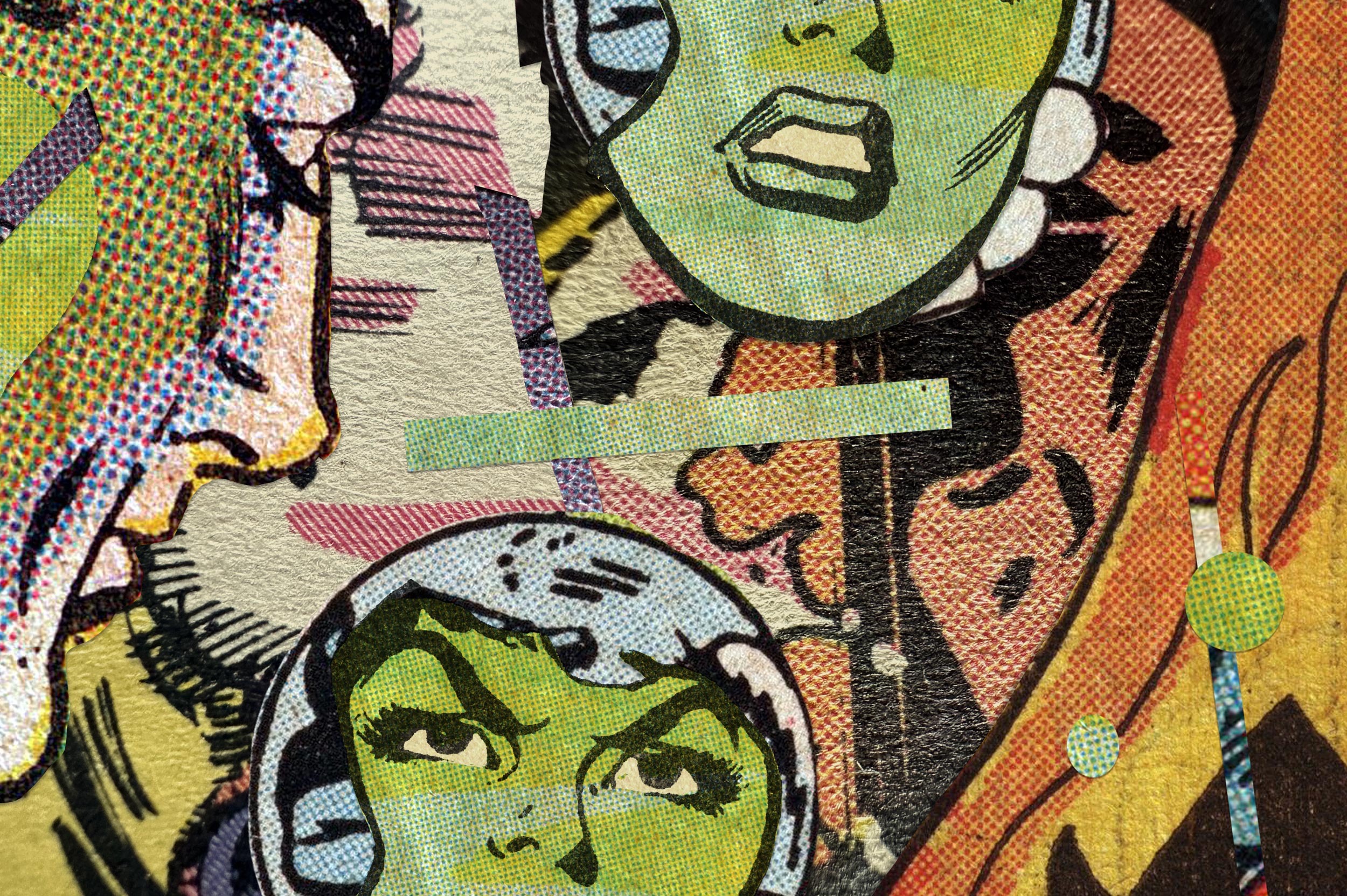 Pop art illustration with heavy halftone dot shading on comic faces