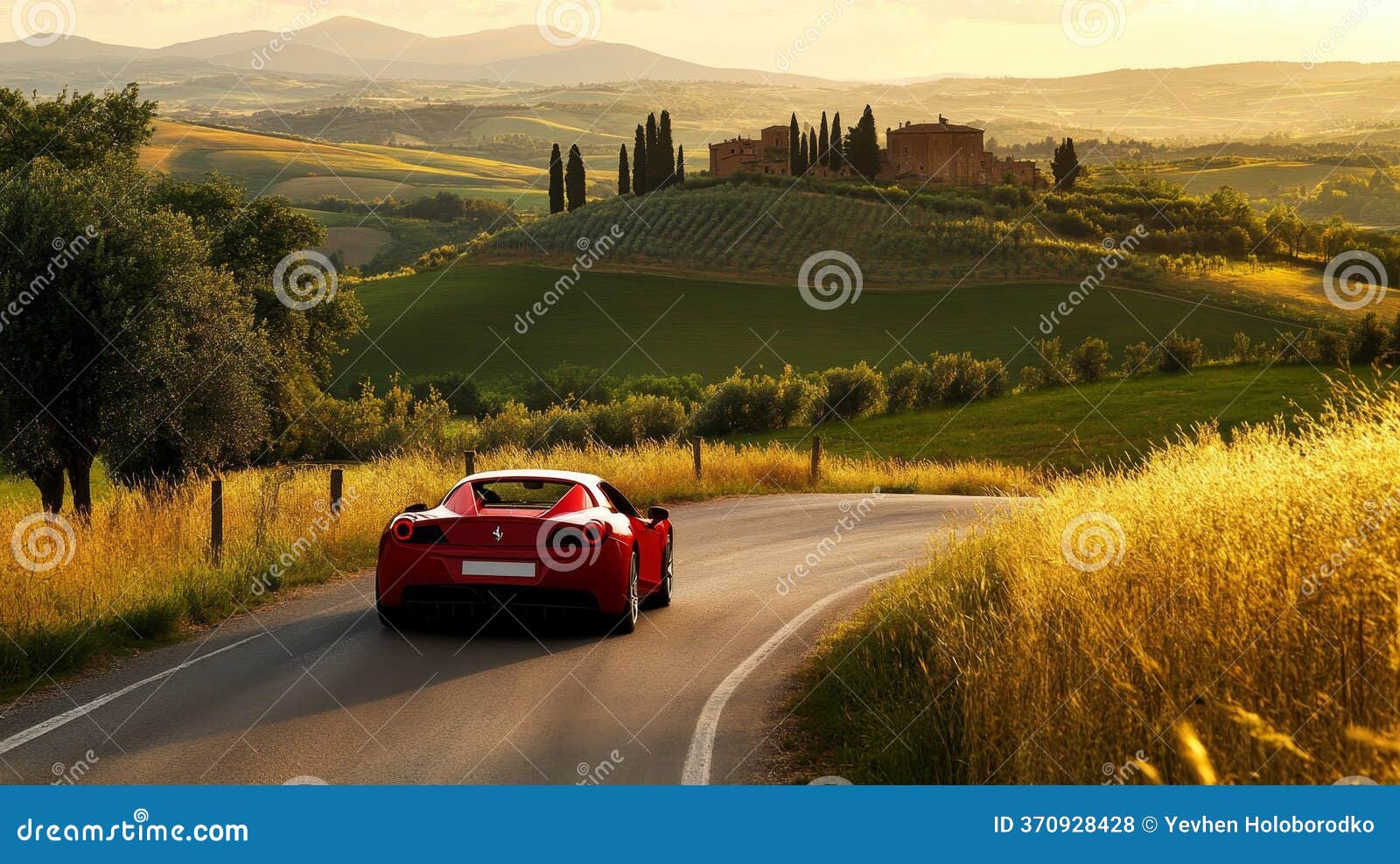 Red sports car speeding on a winding mountain road