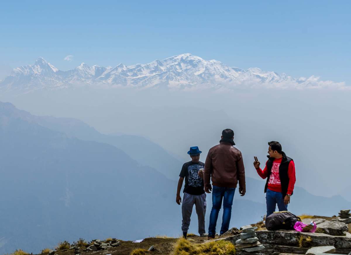 Temple trail above Chopta with snow peaks behind, Uttarakhand