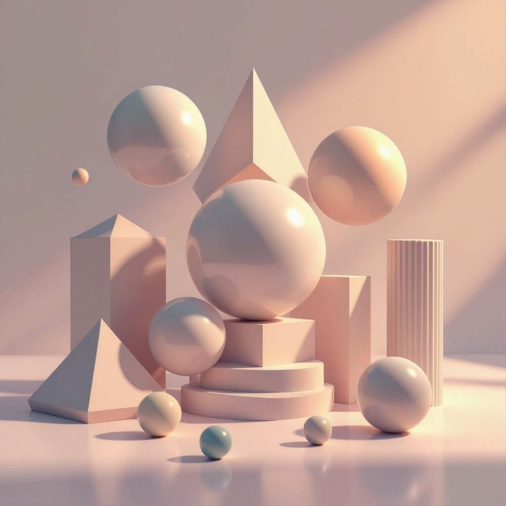 Pastel 3d render of spheres, pyramids and cylinders with soft studio lighting