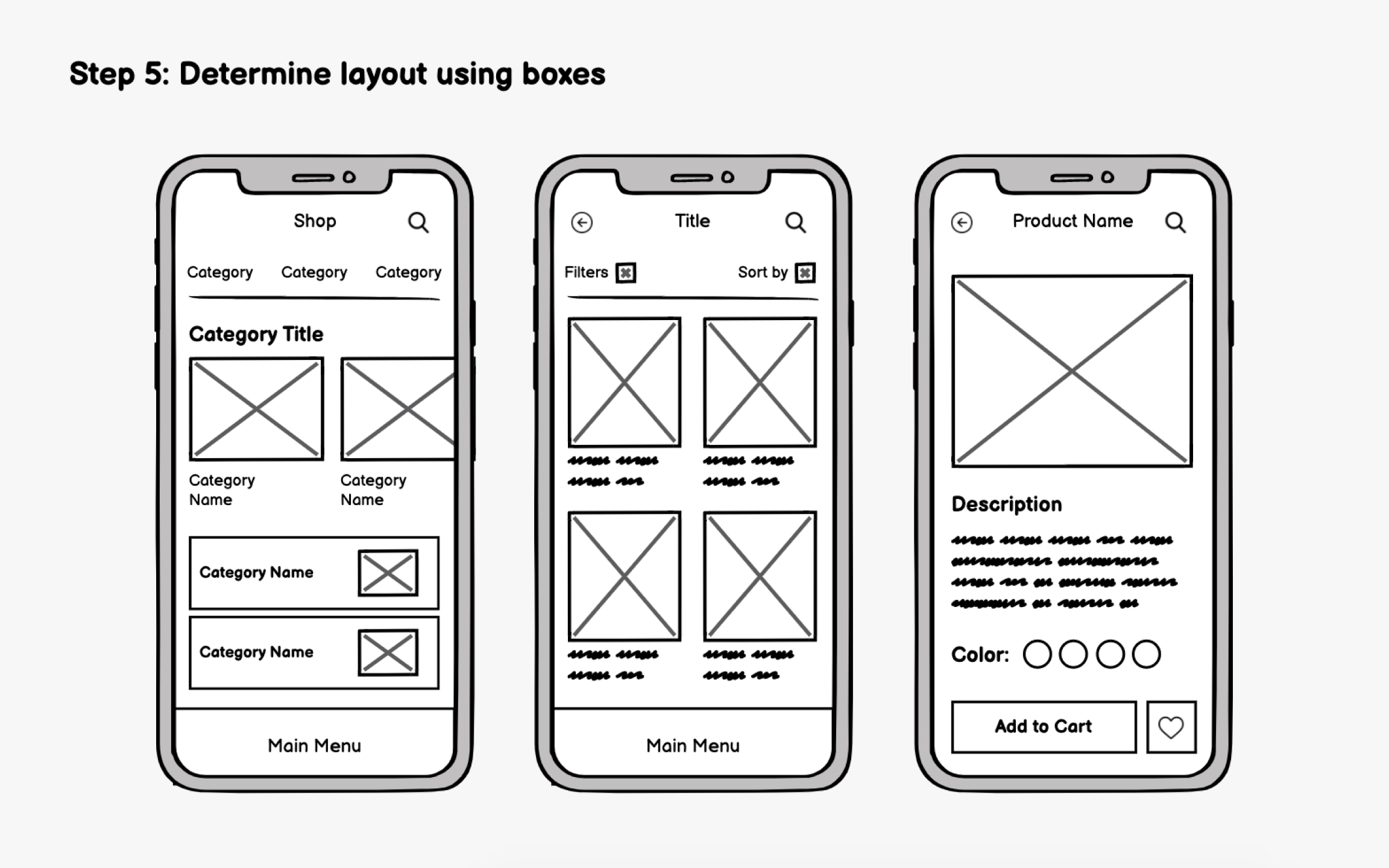 Wireframe lesson showing three phone screens laid out with gray boxes and lines