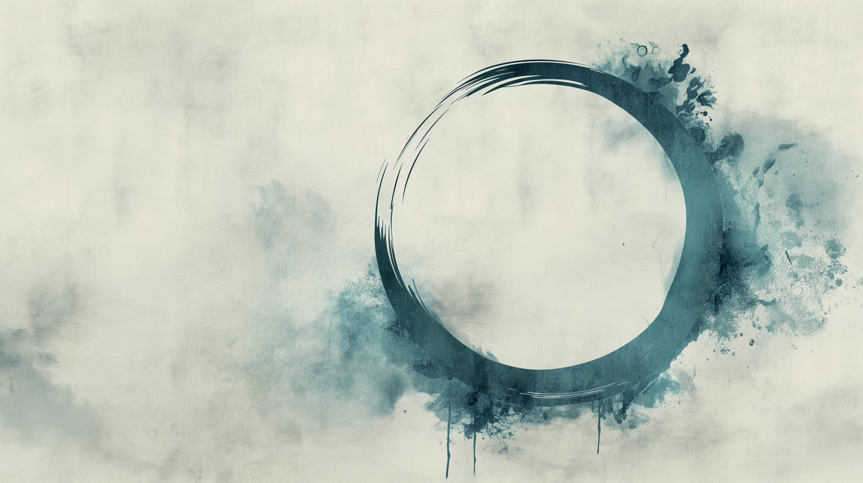 Ink wash painting of a blue-green enso circle with watercolor splatters on cream paper