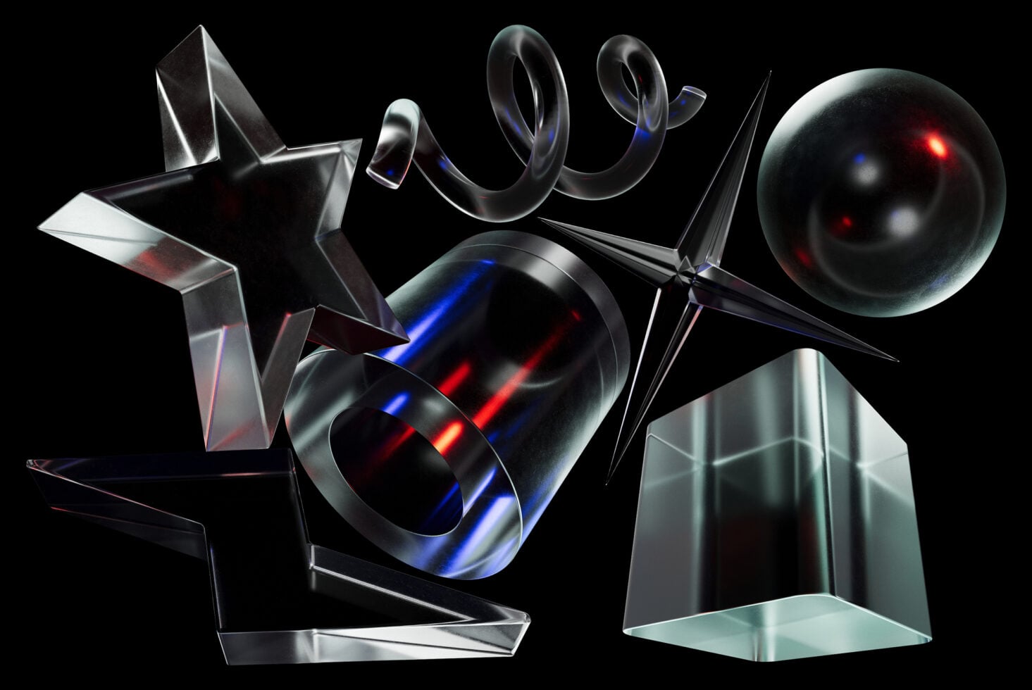 Glossy chrome geometric solids floating on black - star, spiral, cylinder, sphere and cube