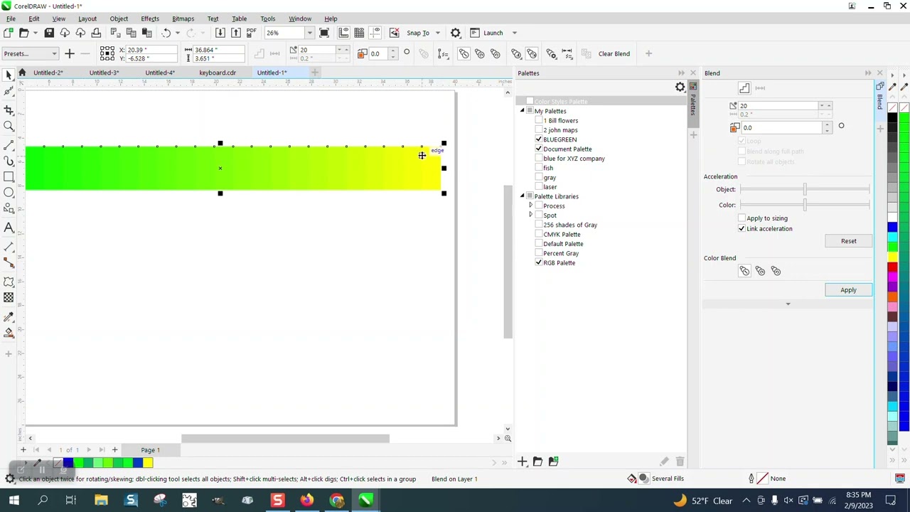CorelDRAW workspace showing a green-to-yellow fountain fill with the Palettes docker open