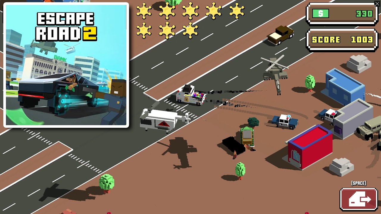 Escape Road City 2 gameplay screenshot showing a blocky car chase with police vehicles in the city