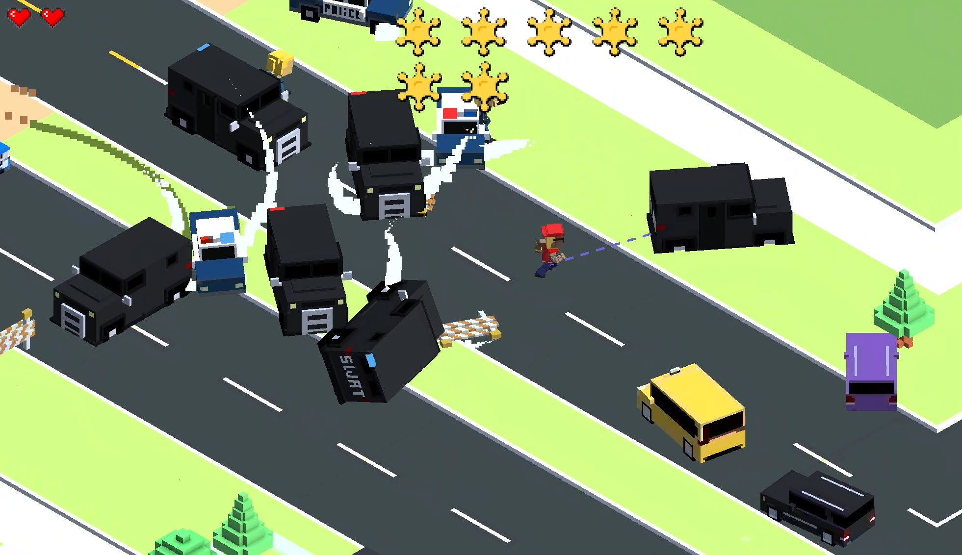 Isometric video game scene showing a police chase with cars and a character