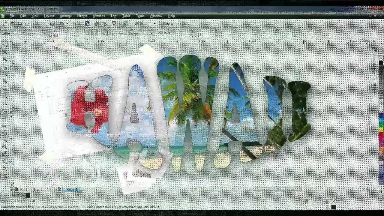 PowerClip in action: the word HAWAII filled with tropical beach imagery