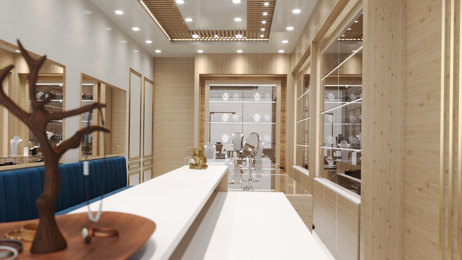 Padmavati Jewellers modern showroom interior with wooden walls and glass displays