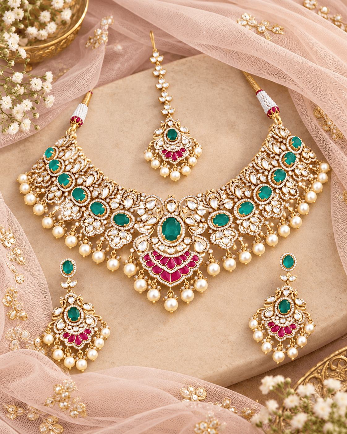 Ornate Indian jewellery set with green and pink stones and pearls