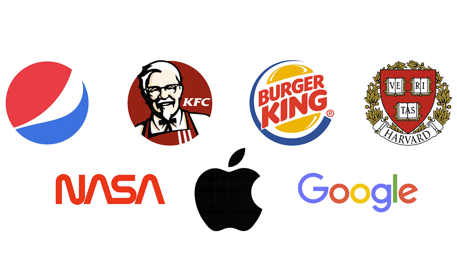 Collage of famous brand logos including Pepsi, KFC, Burger King, Harvard, NASA, Apple and Google
