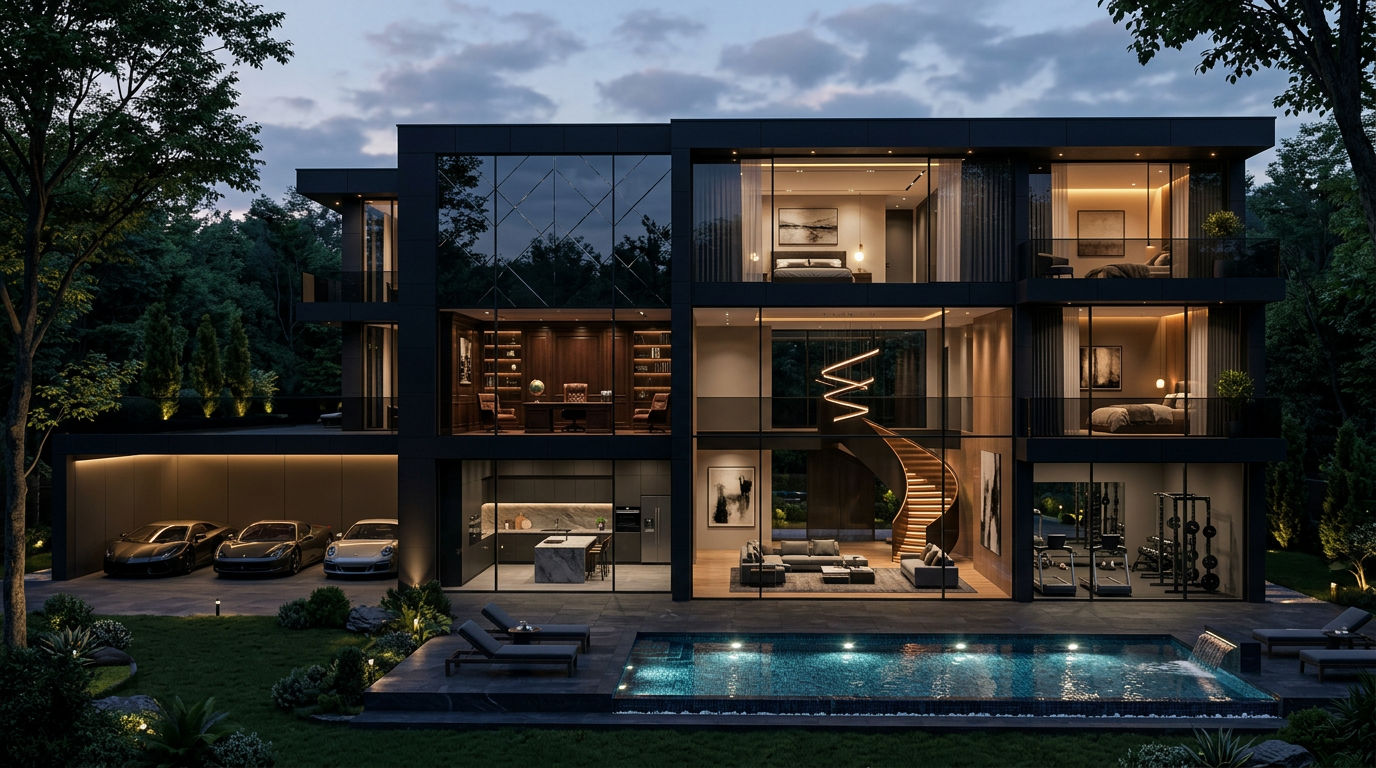 Hillcrest Modern — contemporary residence at twilight with pool and courtyard
