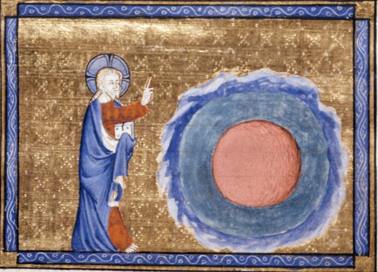 Medieval illumination of God commanding the created cosmos, in the tradition of the Bible moralisée (c. 1220s).