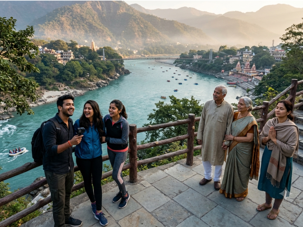 A multi-generational Indian family at a scenic mountain overlook