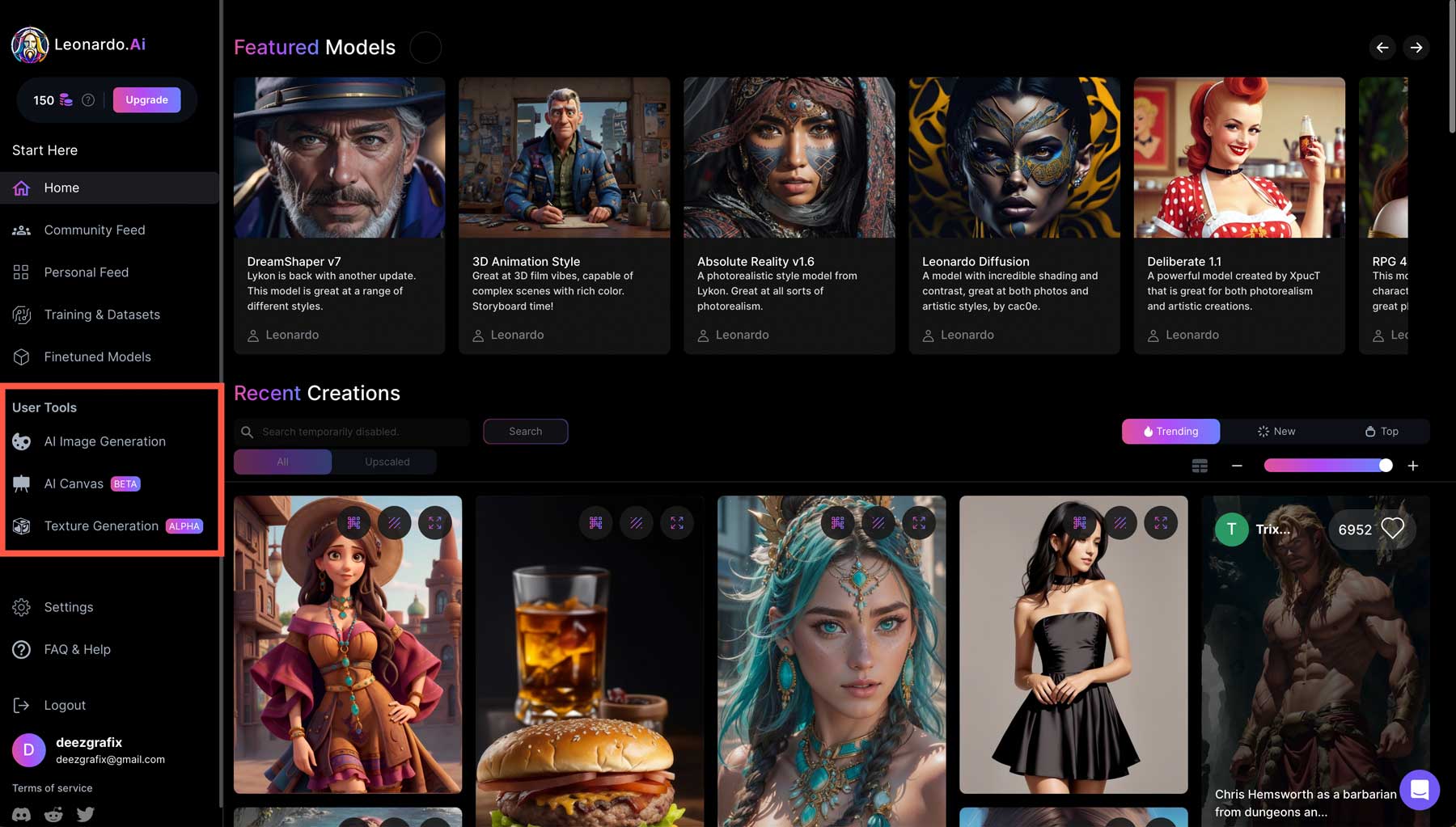 Leonardo.AI image generation interface showing featured models and AI-generated artwork
